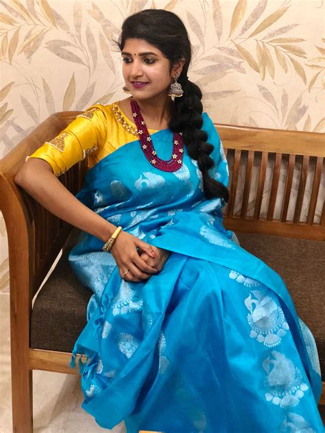 Copper Blue Royal Blue Handloom Venkatagiri Pattu Saree Blouse