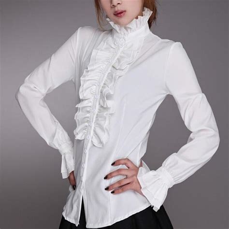 Fashion Style Victorian Women Ol Office Lady Shirt High Neck Frilly