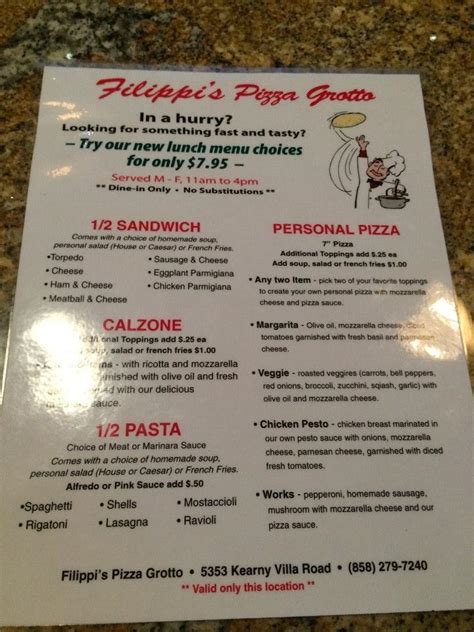 Menu At Filippis Pizza Grotto Kearny Mesa Pizzeria San Diego