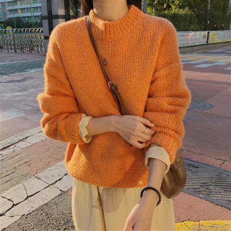 Women 2020 Autumn Winter Fashion Outfit Sweater Solid O Neck Pullover Korean Style Knitted