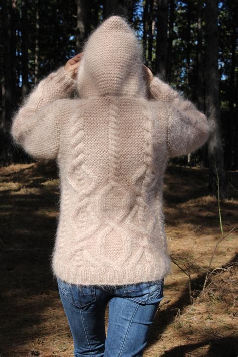 Hand Knit Mohair Sweater Cable Champaign Fuzzy Hooded Jumper Pullover
