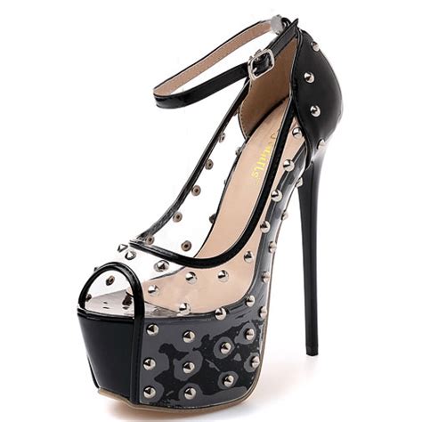 round peep toe rivet decorative see through stiletto super high heel black ankle strap pumps