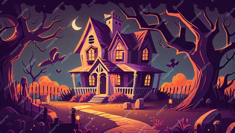 Premium Ai Image Halloween Haunted House Cartoon Illustration With