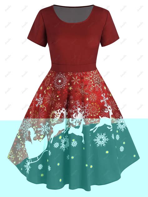 28 Off 2021 Plus Size Christmas Snowflake Elk Print Dress In Red