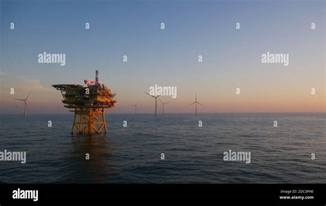 Offshore Substation In Offshore Wind Farm In The North Sea Stock Photo