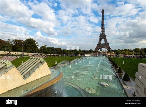 Trocadero Fountain In Front Of The Eiffel Tower In Paris France Stock
