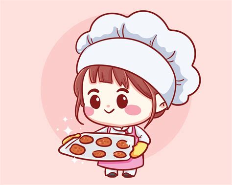 Cute Bakery Chef Girl Holding Tray With Fresh Baked Cookies Kid In