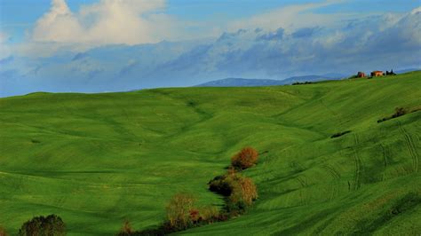 Green Grass Field Painting Nature Landscape Clouds Hills Hd