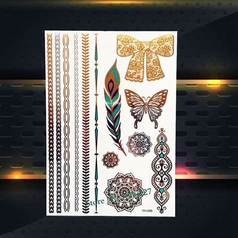 New Body Art Flash Gold Metallic Tattoo Lace Bowknot Butterfly Feather