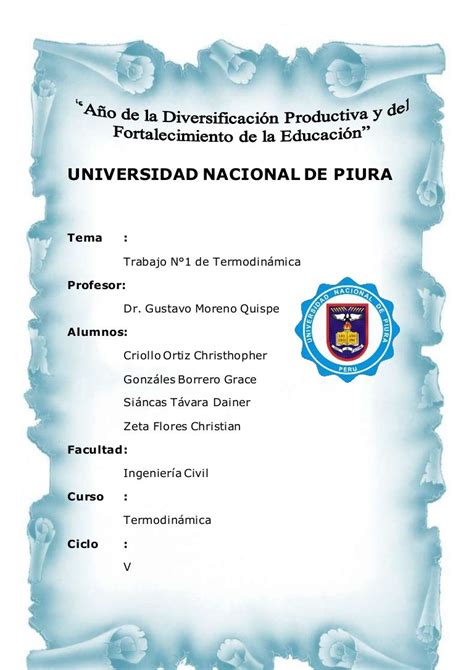 Universidad Nacional De Piura Tema Trabajo N°1 De Termodinámica