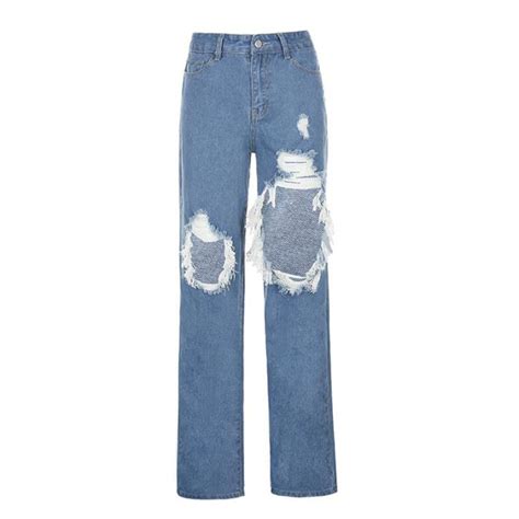 Womens Streetwear Fashion Denim Jeans Hip Hop Straight Wide Leg Pants Loose Ripped Hole Denim