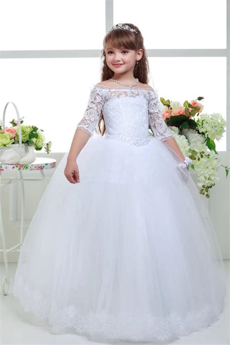 Buy New Long Lace Ball Gown Flower Girls Dresses