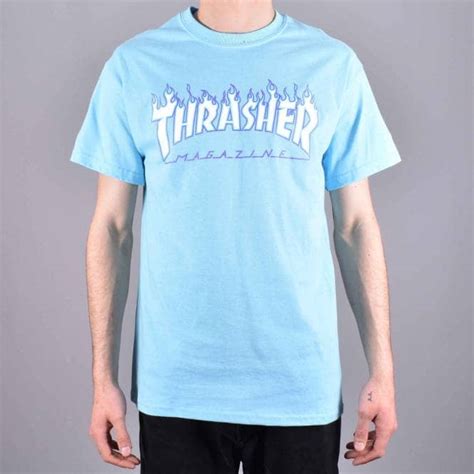 Thrasher Flame Logo Skate T Shirt Sky Blue Skate Clothing From