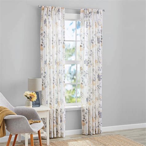 Mainstays Yellow Floral 100 Cotton Indoor Sheer Rod Pocket Single Curtain Panel White 50 X
