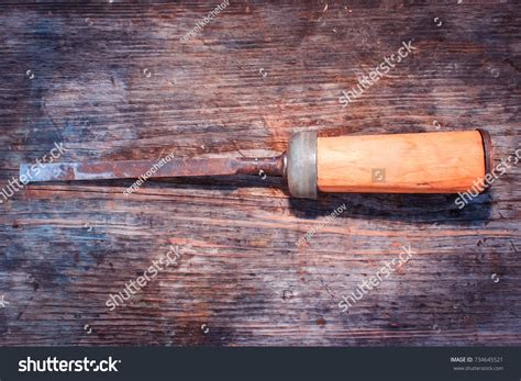 Close Old Chisel On Carpenter Workbench Stock Photo 734645521