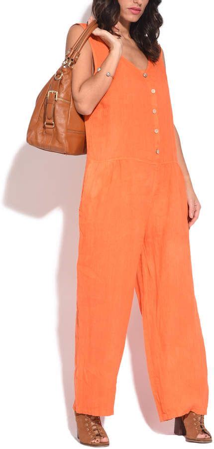 Orange Button Front Linen Jumpsuit Women And Plus Jumpsuits For Women