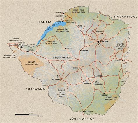 Physical map of zimbabwe, equirectangular projection. Map of Zimbabwe | © Expert Africa