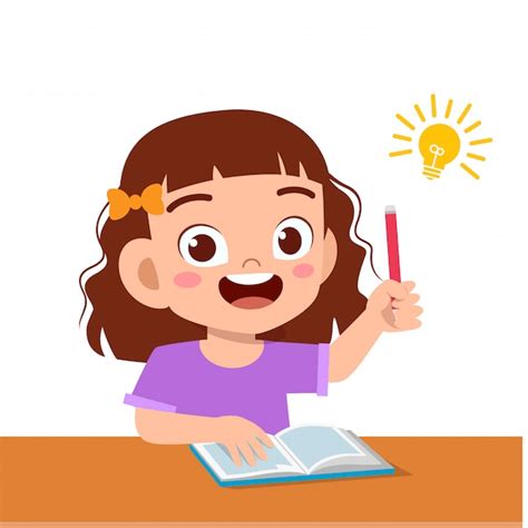 Happy Cute Kid Girl Study Hard Think Vector Premium Download