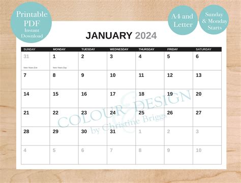 2024 Printable Calendar 13 Month Calendar Yearly Monthly Planner A4