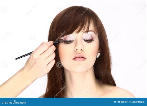 Makeup Artist Applies Eye Shadow Beautiful Woman Face Stock Image