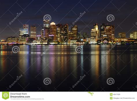 Boston Skyline At Night Massachusetts Usa Stock Image Image Of Blue