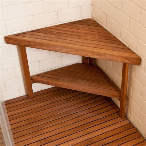 Teakworks4u Deluxe Teak Corner Shower Bench with Optional Shelf ...
