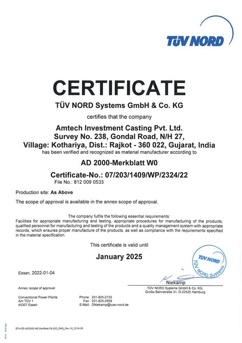 Certificates Amtech Investment Casting