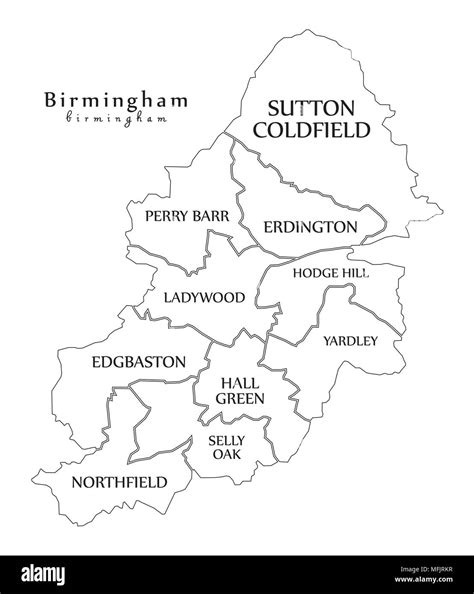 Modern City Map Birmingham City Of England With Boroughs And Titles