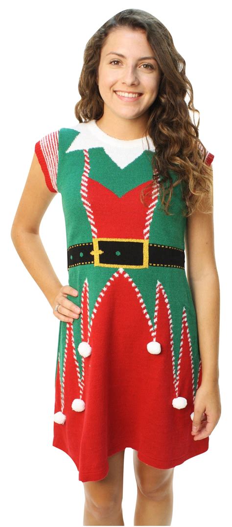 Ugly Christmas Sweater Juniors 3d Pom Pom Elf Sweater Dress Large
