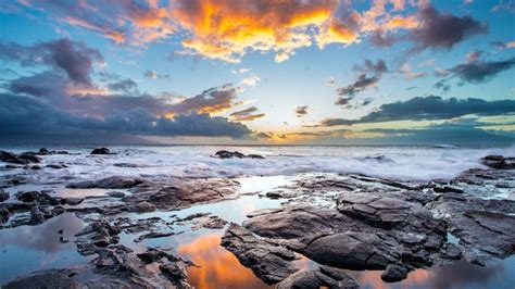 3840x2160 3840x2160 Water Sea Sunset Coast Clouds Waves Stones