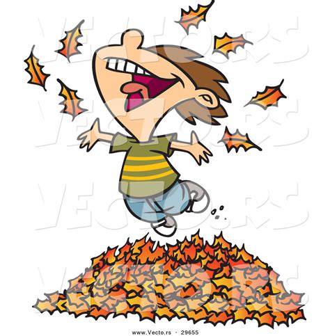 Vector Of A Happy Cartoon Boy Playing In A Pile Of Raked