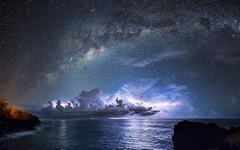 Hd Wallpaper Rock Cliff With Body Of Water Under Milky Way Starry