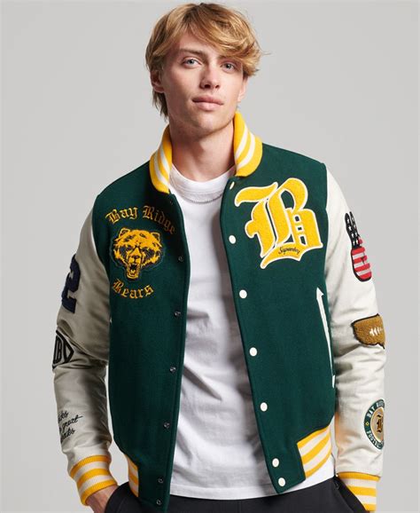 Mens College Varsity Patch Bomber Jacket In Green Superdry