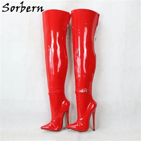 sorbern fresh red hard shaft boots over the knee buckle straps lockable back zipper thick long