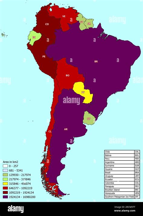 South America Map With Countries Classified By Area Stock Photo Alamy