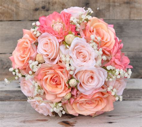 silk bridal bouquet with peach roses coral dahlias — holly s wedding flowers