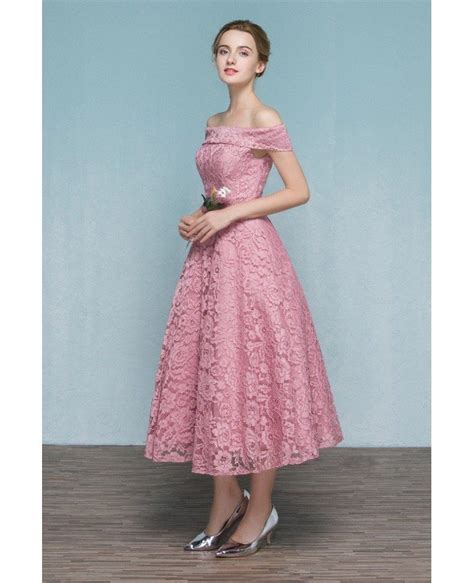 Pink Lace Tea Length Off Shoulder Wedding Party Dress Reception Parties