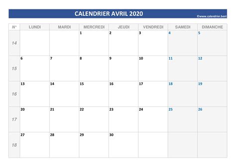 Calendrier Avril 2020 à Imprimer Modèle Vierge Ou Complet