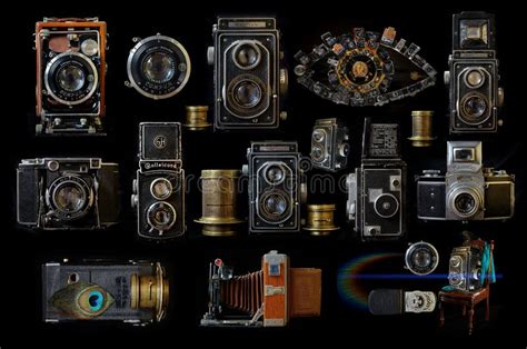 Vintage Camerasa Collage Of Vintage Cameras On A Black Background