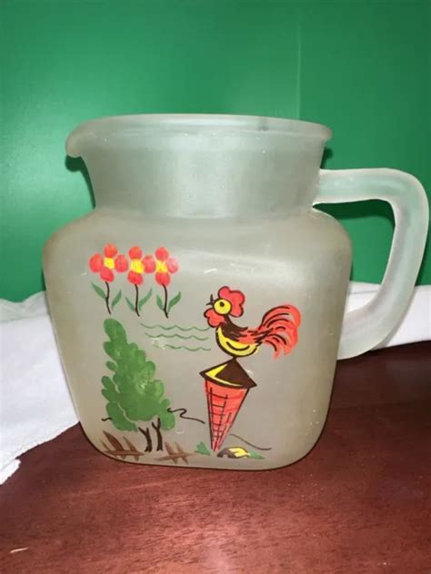 Vintage Gay Fad Country Modern Frosted Glass Pitcher Farm Rooster Juice