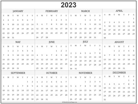 Yearly calendar showing months for the year 2024. 2023 year calendar | yearly printable