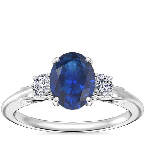 Vintage Three Stone Engagement Ring With Oval Sapphire In 18k White