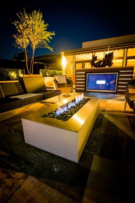 Three Cushions Seating And Rectangular Gas Fire Pit In Contemporary