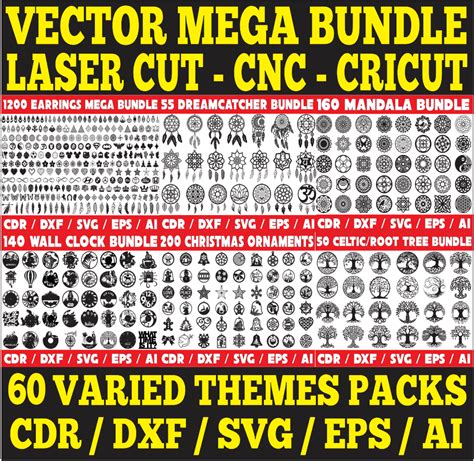 Mega Bundle Vector 60 Packs Cdr Dxf Eps Svg Ai Laser Cut Cricut