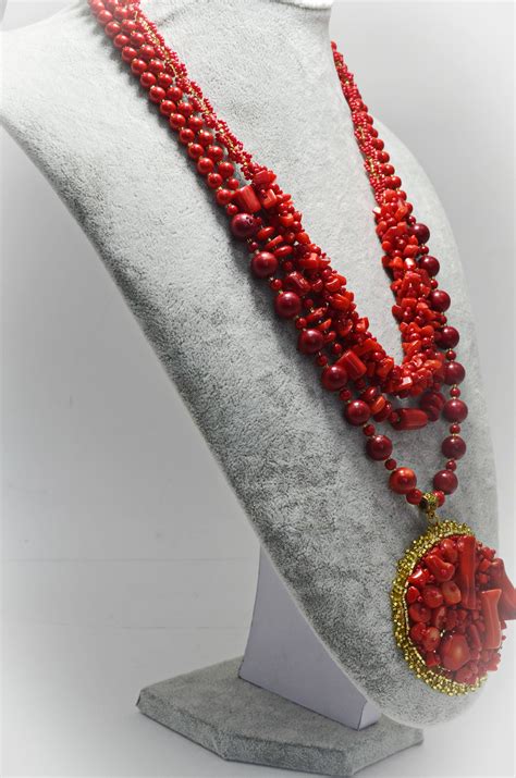 Red Coral Necklace Multi Strand Layered Necklace Beaded Etsy