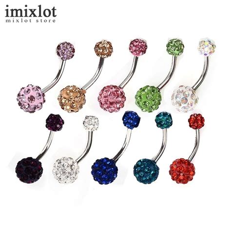 Imixlot 10pcs Double Crystal Ball Navel Ring Stainless Steel Piercing