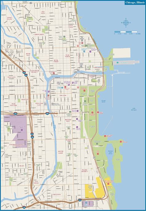 Chicago Downtown Map Digital Vector Creative Force Wells Printable Map
