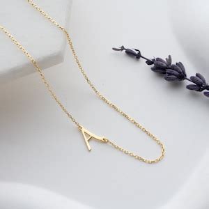 14K Solid Gold Initial Necklace Sideways Personalized Etsy