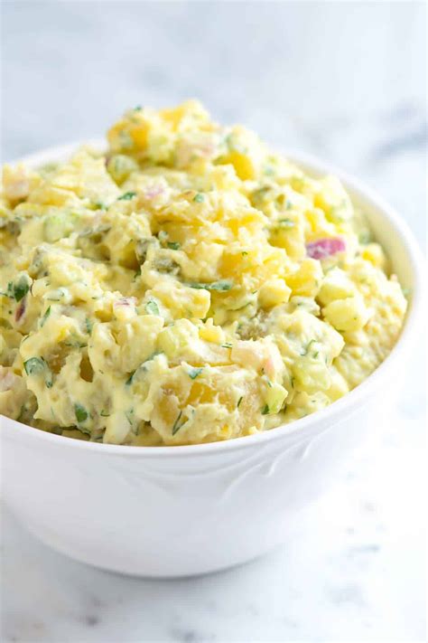 Potatoes, mayo, mustard, eggs, relish, and seasonings. Easy Potato Salad Recipe with Tips