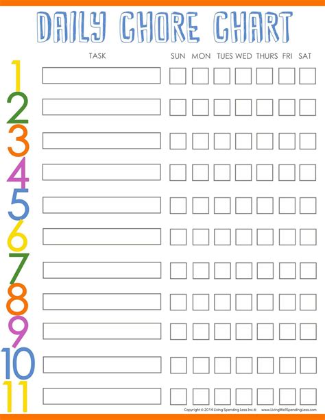 Daily Chore Chart With Checkboxes For Older Kids Tableau Des Tâches